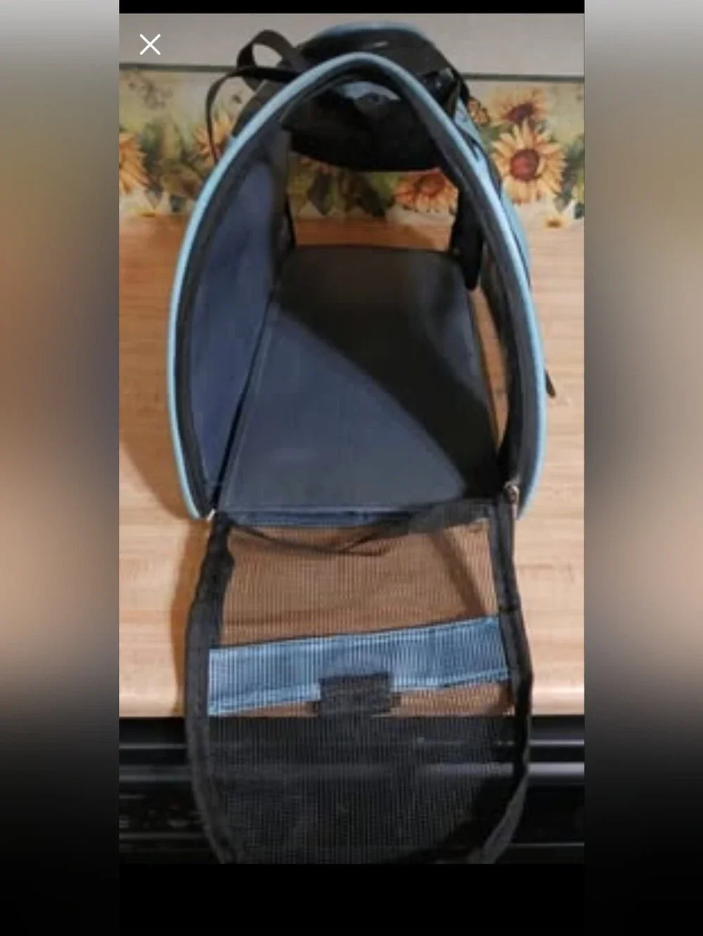 Black and Light Blue Soft-Sided Cat Carrier with Mesh Panels